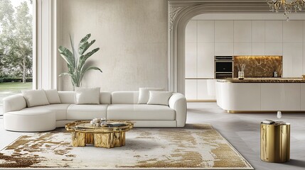 High-end white kitchen with gold accents paired with a chic living room soft area rugs, subtle greenery, and warm ambient lighting.  