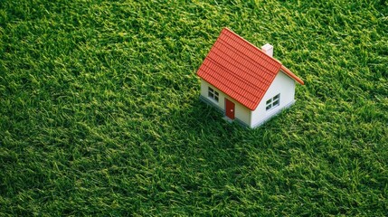 Real estate and home ownership theme with a small house model placed on lush green grass under the sunlight. Copy space included.