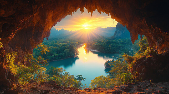 Realistic cave at dusk with radiant sunset colors, light playing on rocky surfaces. The vast empty space with a blank caption area symbolizes infinite potential and chaotic possibilities.

