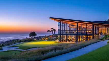 Obraz premium Luxurious clubhouse with a coastal backdrop expansive golf course views glass walls reflecting the ocean and sky warm, inviting light. 