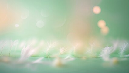 Obraz premium Ethereal wisps of white feathers floating against a soft green background with delicate bokeh effects in a serene setting