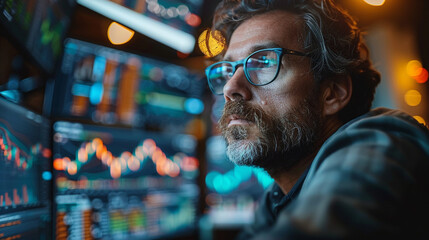 Focused middle-aged trader wearing glasses analyzes complex financial charts and stock market data across multiple glowing screens in a dark trading room for investment strategy.