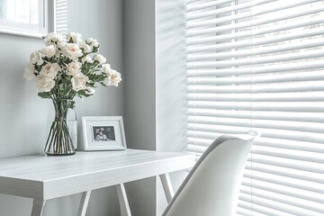 Modern, minimalist home office space with a white desk, blinds, and flowers