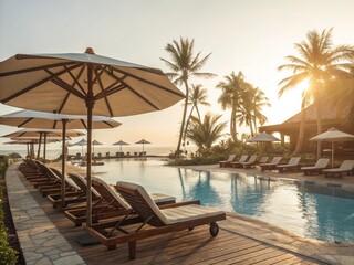 Fototapeta premium Relaxing poolside at a tropical hotel resort by the beach with palm trees and clear blue water