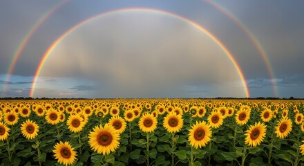 Double Rainbow Arcing Over a Vibrant Sunflower Field at Sunset