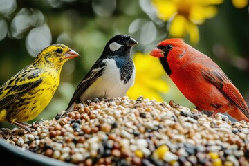 Fototapeta premium Three vibrant birds perch atop a birdseed mound, bathed in soft, natural light. Illustrates themes of wildlife, nature, avian diversity, and bird feeding.
