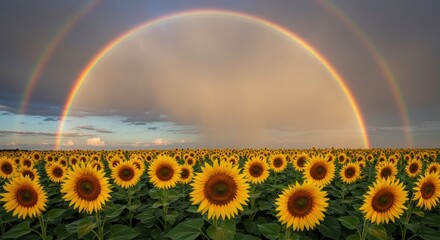 Double Rainbow Arcing Over a Vibrant Sunflower Field at Sunset