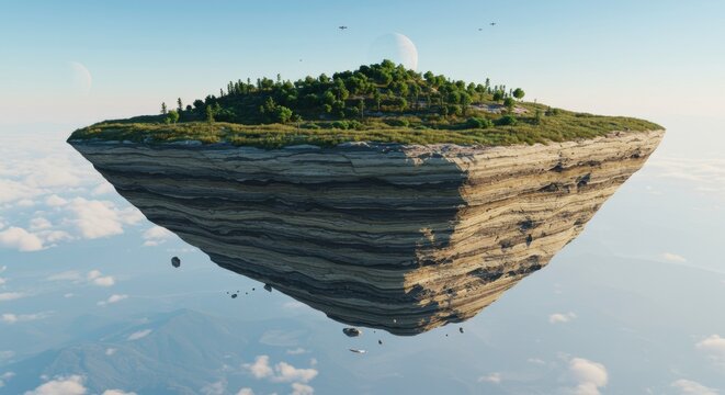 Surreal Floating Island Landscape Green Hills Rock Formations Cloudscape
