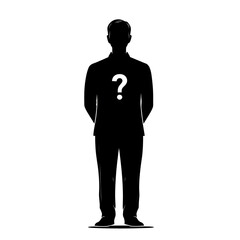 Silhouette Of A Missing Man With Question Mark On Chest Standing Against White Background In Full Body View