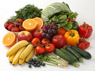Fresh fruits and vegetables on white background including tomatoes, cucumber, onion, pepper, lettuce, and more