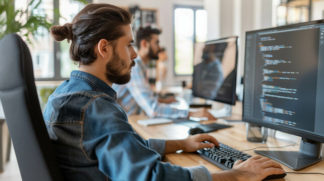 A young male software developer with a beard and tied-back hair working on a programming project in a modern office environment