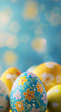 Colorful Easter eggs on a bright background, an Easter theme with colorful Easter eggs and floral decorations in yellow and blue colors, presented in a vertical format.