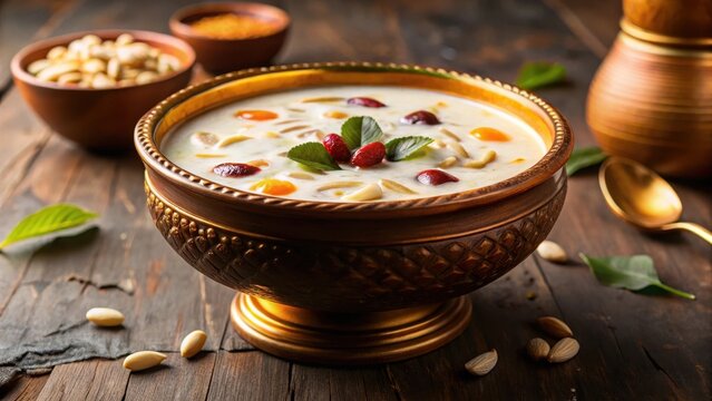 Traditional Kerala dessert of Palada payasam made with rice flour and coconut milk served in a decorative bowl , coconut milk dessert, onam dessert