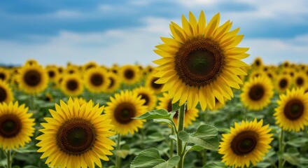 Obraz premium Vibrant Yellow Sunflowers Blooming in a Summer Field Close up View