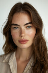 Naklejka premium Portrait of a Woman with Freckles and Long Brown Hair