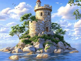 A tall stone castle stands on a rocky island surrounded by water