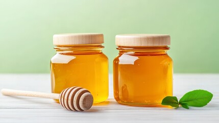 Honey Jars On Wooden Surface With Mint Leaf