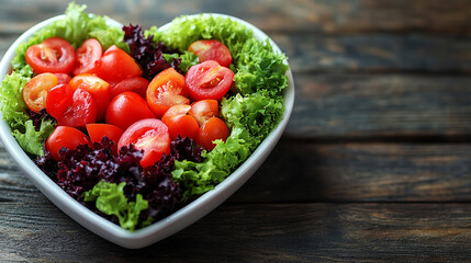 Heart-shaped salad made from a mix of fresh greens, tomatoes, and vegetables, symbolizing healthy eating, love for wellness, and fresh lifestyle choices with vibrant colors and detailed texture.

