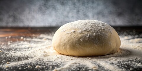 A fresh ball of pizza dough sitting on a lightly floured surface with a sprinkle of cornmeal around it, ready for topping and baking in an oven, topping ingredients, baked goods