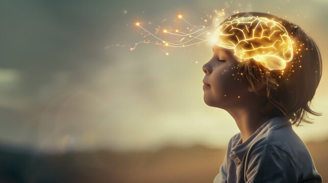 A young child with a glowing, illuminated brain, symbolizing creativity, intelligence, and the power of imagination in early childhood development