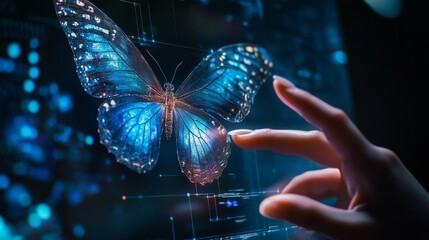 close-up view of a hand controlling an intricate animated butterfly, within a holographic computer display, representing new possibilities of biosensor-driven metaverse experiences, dynamic