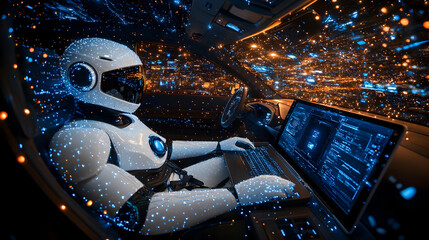 AI (artificial intelligence) technology for data analysis, research, planning, and work generation. Man uses a laptop and AI assistant dashboard. Technology smart robot AI agents and agentic workflows