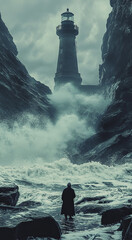 The lighthouse is surrounded by huge waves, with rocks and water splashing around it. The camera focuses on the head of an old man standing in front of it,