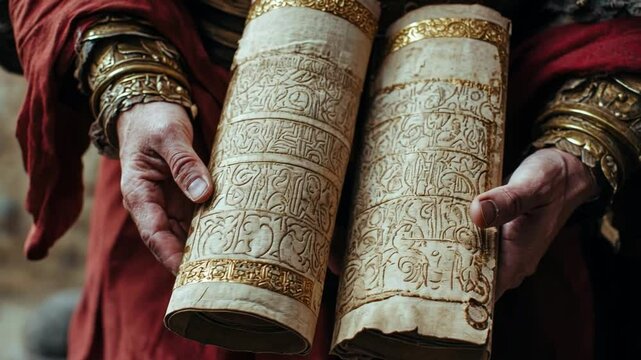 Antique scrolls held by a person with intricate carvings, showcasing ancient wisdom and history in a dramatic setting of rich textures and deep colors