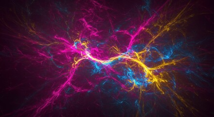 Abstract Fractal Art Vibrant Pink Blue and Yellow Energy Streams on Black Background