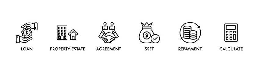  MORTGAGE banner web icon vector illustration concept for product and service quality inspection with an icon of loan, property estate, agreement, sset, repayment, calculate, 