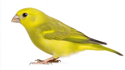 Fototapeta premium Profile View of a Small Yellow Bird with Intricate Feather Patterns on White Background