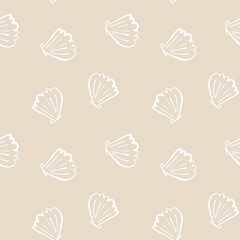 Hand drawn sea shells scallops beige yellow sandy seamless pattern in doodle sketchy style on white background. Line art sea shell vector background