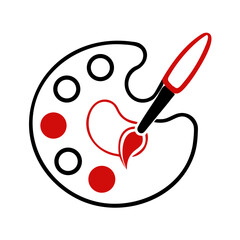 Paint palette with red brush and heart in flat style