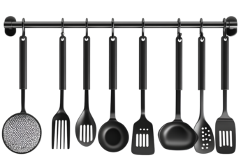 Black kitchen utensils hanging on a metal bar, transparent background png 