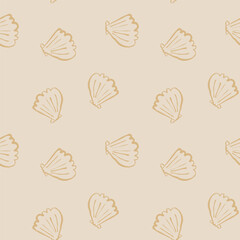 Hand drawn sea shells scallop beige yellow sandy seamless pattern in doodle sketchy style on white background. Line art sea shell vector background