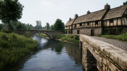 Fototapeta premium Beautiful Rustic Bridge Over Calm River Surrounded by Lush Greenery and Historic Houses