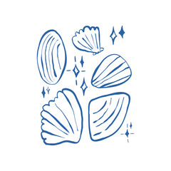 Hand drawn sea shells scallops and stars poster template in doodle sketchy style. Line art sea shell vector composition