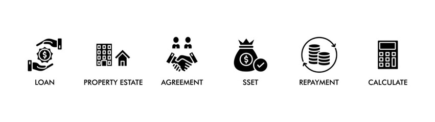 MORTGAGE banner web icon vector illustration concept for product and service quality inspection with an icon of loan, property estate, agreement, sset, repayment, calculate, 