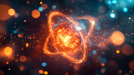 Shiny, slick 3D model of an atom with electrons orbiting the nucleus, symbolizing atomic structure and quantum physics. Modern design with vast empty space evokes infinite potential and chaos.

