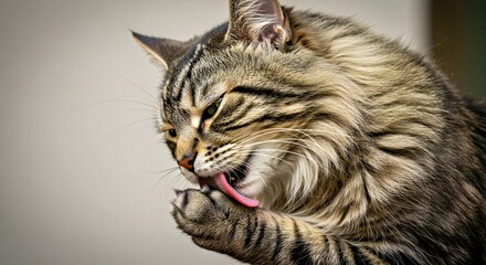 Fototapeta premium (Grooming) Photograph a Longhair Kurilian Bobtail Cat Meticulously Grooming Its Long Fur, Showcasing Its Meticulous Nature_