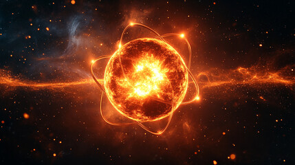 Shiny, slick 3D model of an atom with electrons orbiting the nucleus, symbolizing atomic structure and quantum physics. Modern design with vast empty space evokes infinite potential and chaos.

