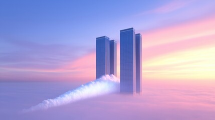 Fototapeta premium Futuristic skyscrapers emerging from clouds at sunset.
