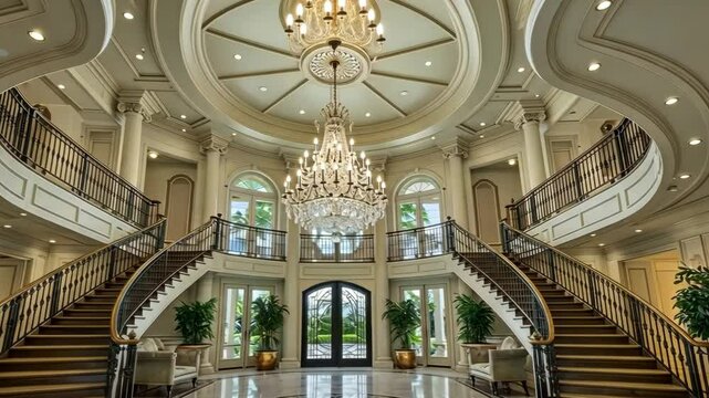 Grand foyer showcases dual staircases and a crystal chandelier in a luxurious home interior