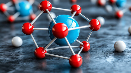 Obraz premium Shiny, slick 3D model of an atom with electrons orbiting the nucleus, symbolizing atomic structure and quantum physics. Modern design with vast empty space evokes infinite potential and chaos.
