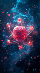 Shiny, slick 3D model of an atom with electrons orbiting the nucleus, symbolizing atomic structure and quantum physics. Modern design with vast empty space evokes infinite potential and chaos.

