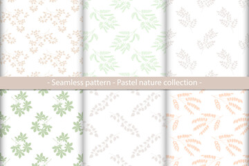 Monochrome seamless pattern set with pastel branches on white background. Different tree branches of beige and light green colors, minimalist design. Vector print for fabric, package or wrapper.