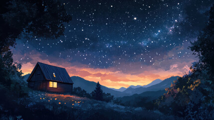 A cozy cabin nestled in a mountain valley under a starlit sky.