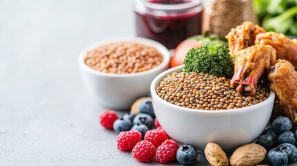 Junk Food Overload vs. Mindful Eating with Dramatic Health Impact, Fresh ingredients in bowls with berries and jam on a textured surface.