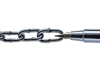 Obraz premium Pen Breaking Metal Chain Links Freedom, Creativity, and Breaking Barriers Concept