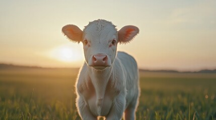 Fototapeta premium Calf chaos at sunrise in green pasture captured in gigapixel quality nature photography